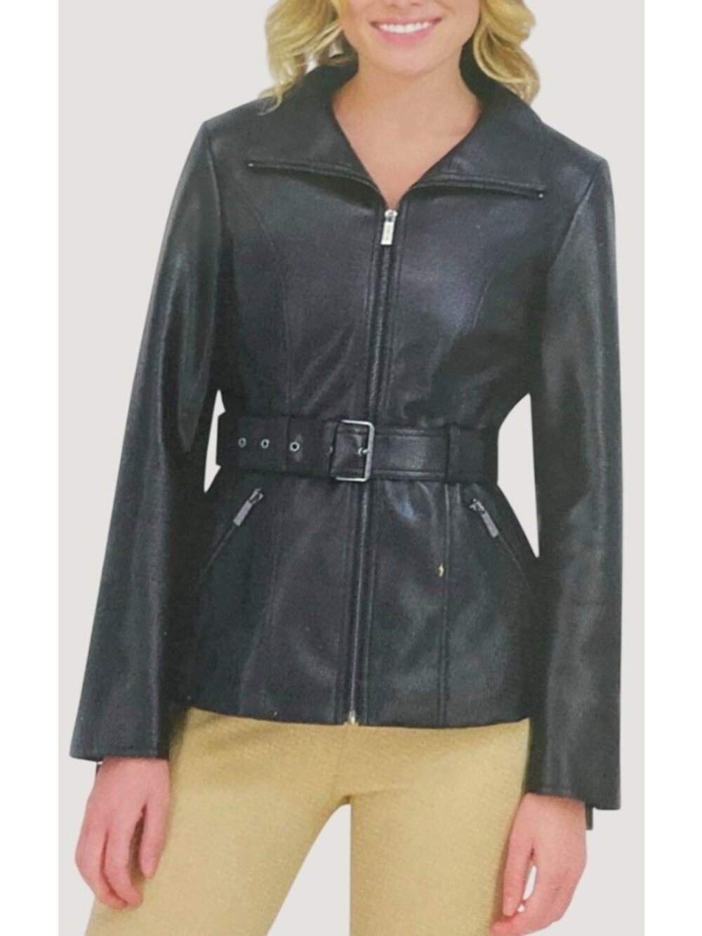 NWT Kenneth Cole Women's M Faux Leather Jacket With Belt Black